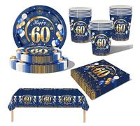 69Pcs Navy Blue Gold 60th Birthday Party Tableware, Blue 60th Birthday Tableware Set with Paper Plates,Napkins serviette, 60th Table Cloth, Paper Cups for Women Birthday Party Table Decorations