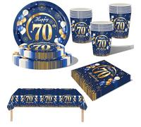 69Pcs Navy Blue Gold 70th Birthday Party Tableware, Blue 70th Birthday Tableware Set with Paper Plates,Napkins Serviette,70th Table Cloth,Paper Cups for Women Men Birthday Party Table Decorations