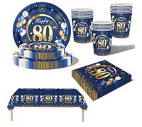 69Pcs Navy Blue Gold 80th Birthday Party Tableware, Blue 80th Birthday Tableware Set with Paper Plates,Napkins Serviette, 80th Table Cloth,Paper Cups for Women Men Birthday Party Table Decorations
