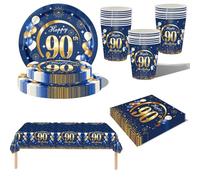 69Pcs Navy Blue Gold 90th Birthday Party Tableware, Blue 90th Birthday Tableware Set with Paper Plates,Napkins Serviette,90th Table Cloth,16P Paper Cups for Women Men Birthday Party Table Decorations