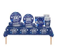 69pcs Navy Silver 100th Birthday Decorations - Tableware, Tablecloth, Paper Plates, Napkins, Cups for Him, Her