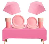 69pcs Pink Disposable Tableware Set - 20 Napkins, 16 Cups, 16pcs 7inch and 9inch Plates, 1pcs Pink Tablecloths | Biodegradable Dinnerware for Birthdays, Weddings, Kids Adult Christmas Party