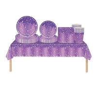 69pcs Purple Shiny Glitter Diamond Party Tableware Set Plastic Tablecloth,Paper Plates Napkins and Cups Disposable Dinnerware Set for Kids Adults Birthday,Christmas Halloween Purple Party Decorations