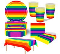 69Pcs Rainbow Party Tableware Set,Gay Pride Party Supplies Rainbow Decorations Plastics Tablecloth Paper Plates Cups and Napkins LGBTQ Dinnerware Set for Kids Birthday,LGBT Rainbows Parties Supplies