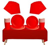 69pcs Red Disposable Tableware Set - 20 Napkins, 16 Cups, 16pcs 7inch and 9inch Plates, 1pcs Red Tablecloths | Biodegradable Dinnerware for Birthdays, Weddings, Kids Adult Christmas Party