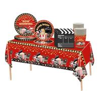 69Pcs Red Hollywood Movie Party Decorations - Cinema Night Tableware Set with Plastic Tablecloth, Paper Plates, Napkins, Cups, Snack Dinnerware for Red Carpet Themed Party Supplies