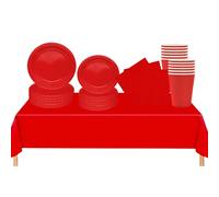 69Pcs Red Plastic Table Cloth Cover, Paper Plates, Napkins and Cups for Christmas Party Supplies, Red Table Decorations Dinnerware Set for Kids Adults Birthday, Xmas Party