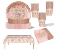69Pcs Rose Gold 30th Birthday Party Tableware,Pink 30th Birthday Tableware Set with 32P Paper Plates,20P Napkins,1P 30th Table Cloth,16P Paper Cups for Women Her Birthday Party Table Decorations