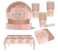 69Pcs Rose Gold 40th Birthday Party Tableware,Pink 40th Birthday Tableware Set with 32P Paper Plates,20P Napkins,1P 40th Table Cloth,16P Paper Cups for Women Her Birthday Party Table Decorations