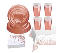 69Pcs Rose Gold Foil Tableware for Her Him,Rose Gold Party Plates Paper Cups and Napkins for Birthday Decoration,Sparkling Rose-GoldTablecloth for Wedding Dinnerware,Baby Shower Party Tableware