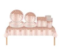69pcs Rose Gold Shiny Glitter Diamond Party Tableware Set Plastic Tablecloth,Paper Plates Napkins and Cups Disposable Dinnerware Set for Girls Women Birthday,Wedding Xmas Rose Gold Party Decorations
