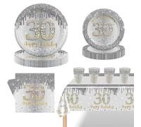 69Pcs Silver 30th Birthday Party Tableware 16 Guests,30th SilverParty Tableware Set,Silver and Gold Paper Plates,Napkins,White and Gold Table Cloth,Cups for Men Women Birthday Gifts Party Supplies