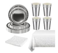69Pcs Silver Foil Christmas Tableware for Her Him,Silver Party Plates Paper Cups and Napkins for Birthday,Sparkling Laser SilverTablecloth for Christmas Dinnerware Wedding,Baby Shower Party Tableware