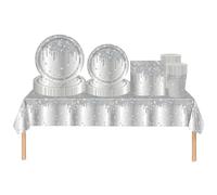 69pcs Silver Shiny Glitter Diamond Party Tableware Set Plastic Tablecloth,Paper Plates Napkins and Cups Disposable Dinnerware Set for Kids Adults Birthday,Wedding Christmas Silver Party Decorations