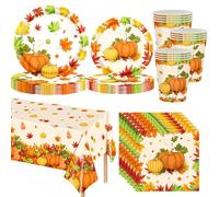69Pcs Thanksgiving Tableware Harvest Fall Theme Party Supplies,Pumpkin Maple Leaf Dinnerware Set with Paper Plates,Cups,Napkins,Table Cloth,for Thanksgiving Fall Party Table Decorations