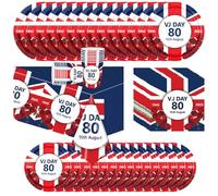 69Pcs VJ 80 Years Dinnerware Kit for Celebrat Party Décor,Celebration VJ-Day 80th Paper Cups Napkins and Plates Memorabilia Party Union Jack Tablecloth,VJ Day 80th Anniversary PartyTableware