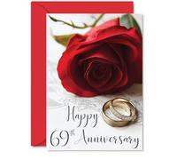 69th Anniversary Card for Women Men - Gold Rings Red Rose - Happy Wedding Anniversary Cards for Mum Dad Grandad Grandma Auntie Uncle, 5x7 Inch Greeting Cards
