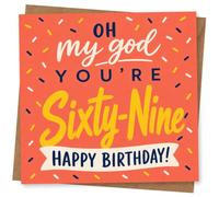 69th Birthday Card, Bright Party Colours 'Oh My God' | Bold 69th birthday laugh with bright party colours and the playful message “Oh my god you’re Sixty-Nine Happy Birthday!”