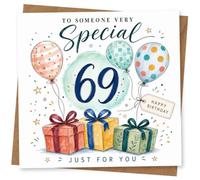 69th Birthday Card for Her, Balloons, Gifts & Confetti