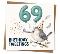 69th Birthday Card for Her, Birthday Tweetings Bird | Her 69th gets a playful touch with teal “69” balloons, confetti and a party-hat bird perched on a branch.