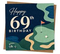 69th Birthday Card for Her, Golf Green, Flag and Buggy | Cream “Happy 69th Birthday” text over a stylised golf course scene with green, bunker paths, red flag and buggy.
