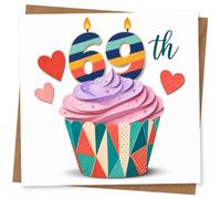 69th Birthday Card for Her, Pastel Cupcake, Hearts | Cheerful 69th card featuring striped candle numbers, pastel swirled icing and heart shapes for a fun milestone message.