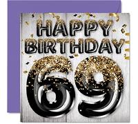 69th Birthday Card for Men, Black & Gold Glitter Balloons