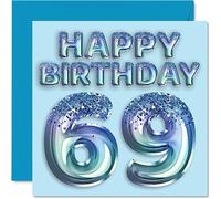69th Birthday Card for Men - Blue Glitter Party Balloon - Happy Birthday Cards for 69 Year Old Man Uncle Grandad Dad Grandpa Gran, 145mm Bday Greeting Cards Gift