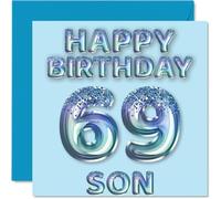 69th Birthday Card for Son - Blue Glitter Party Balloons - Happy Birthday Cards for 69 Year Old Son from Mum Dad Parents, 145mm Bday Greeting Cards Gift