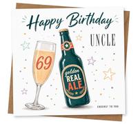 69th Birthday Card for Uncle, Real Ale Bottle & Flute | Funny 69th for Uncle: champagne glass showing 69 beside a Real Ale bottle, with “Happy Birthday Uncle” text.