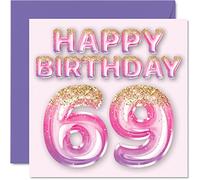 69th Birthday Card for Women - Pink & Purple Glitter Balloons - Happy Birthday Cards for 69 Year Old Woman Mum Nanny Grandma Gran Auntie, 145mm Bday Greeting Cards Gift