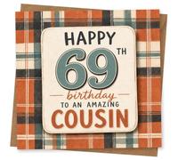 69th Birthday Card, Plaid Tartan, Big 69, Cousin | A bold tartan plaid front with oversized “69” and a cousin message, made for a 69th birthday milestone.