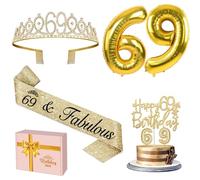 69th Birthday Decorations for Women, Gold with Frame and Crown 69th Birthday Cake Topper and Candles Gold Number Balloons 69 Year Old Gifts for Women