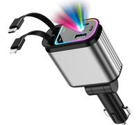 69W Fast Car Charger with Starlight Roof | 4-in-1 Retractable USB-C Adapter | Dual USB Ports for IPhone 16/15/14 & Android Devices | Essential Car Accessories