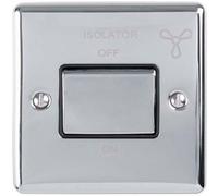 6A Extractor Fan Isolator Switch -POLISHED CHROME & Black Trim- 3 Pole Shower Bathroom Decorative Wall Plate & Metal Rocker - On/Off Mains Power Switch For Demisting & Steam