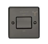 6A Extractor Fan Isolator Switch -POLISHED BLACK NICKEL & Black Trim- 3 Pole Shower Bathroom Decorative Wall Plate & Metal Rocker - On/Off Mains Power Switch For Demisting & Steam