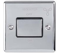 6A Extractor Fan Isolator Switch -POLISHED CHROME & Black Trim- 3 Pole Shower Bathroom Decorative Wall Plate & Metal Rocker - On/Off Mains Power Switch For Demisting & Steam