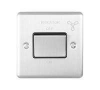6A Extractor Fan Isolator Switch -SATIN STEEL & Grey Trim- 3 Pole Shower Bathroom Decorative Wall Plate & Metal Rocker - On/Off Mains Power Switch For Demisting & Steam