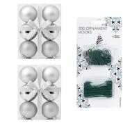 6CM/3CM 12 Pcs with 200 Bauble Hooks Christmas Tree Baubles Multiple Variation in Silver|Shatterproof Glitter Christmas Baubles|Elegant Hanging Ornament Balls for Xmas Tree & Festive Holiday Décor.