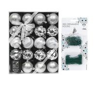 6CM/3CM 20 Pcs with 200 Bauble Hooks Christmas Baubles Multiple Variation in Silver | Shatterproof Glitter Christmas Baubles | Elegant Hanging Ornament Balls for Xmas Tree & Festive Holiday Décor.