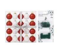 6CM/3CM 25 Pcs with 200 Bauble Hooks Christmas Tree Baubles Multiple Variation in Red&White|Shatterproof Glitter Christmas Baubles|Elegant Hanging Ornament Balls for Xmas Tree & Festive Holiday Décor.