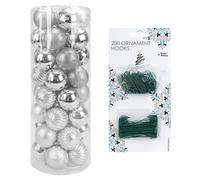 6CM/3CM 40 Pcs with 200 Bauble Hooks Christmas Baubles Multiple Variation in Silver | Shatterproof Glitter Christmas Baubles | Elegant Hanging Ornament Balls for Xmas Tree & Festive Holiday Décor.