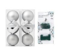6CM/3CM 6 Pcs with 200 Bauble Hooks Christmas Tree Baubles Multiple Variation in Silver | Shatterproof Glitter Christmas Baubles | Elegant Hanging Ornament Balls for Xmas Tree & Festive Holiday Décor.
