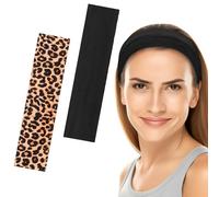 6cm Wide Headbands for Women Men, [2 PCS] Unisex Fashion Head Bands for Women's Hair, Soft Fabric Stretchy Elastic Hair Bands for Makeup, Yoga, Running (Black+Leopard, One size)