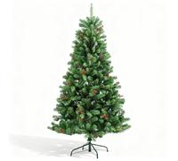 6Ft/1.8m Artificial Christmas Tree Maryland Fir Green Pine Tips Decorated with Red Berries and Pine Cones Xmas Home Decorations Metal Stand