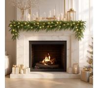 6ft/1.8M Christmas Garland Decoration with 50 Warm White LED Lights, Artificial Pine Green Garland for Fireplace Mantle Stairs Front Door Indoor Outdoor Christmas Holiday Decor