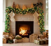 6FT/1.8M Christmas Garland with Lights,Xmas Garland with Pines&Berries for Fireplace Stair Front Door Table Porch Arch Mantle Garden Gate Staircase,Light Up Pre Lit Artificial Home Outdoor Decoration