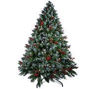 6FT/1.8M Christmas Tree with Lights Pine Cones and Berries, PVC Artificial Christmas Tree with Snow Flocked Tips, Xmas Decoration Christmas Trees for Indoor Outdoor