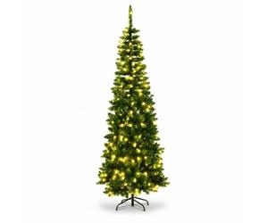 6Ft/1.8m Green Pre-Lit Slim Pencil Christmas Tree, 180 Warm White LEDs | For Christmas, Home, Office and Party Decor, 430 Tips, 8 Light Modes, PVC and Metal Construction, Easy Assembly, Space-Saving