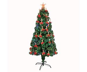 6Ft/180cm Fibre Optic Christmas Tree with Star Topper - LED Lights Candle & Bow Decorations - Pre-Lit Green Artificial Xmas Tree - Multicolor Changing Lights